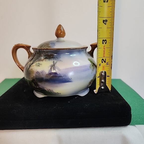 VTG Morimura Noritake Moriage Sugar Bowl Windmill Trees Water Blue White Lid - Picture 11 of 12
